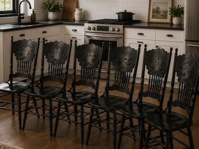 Beautiful Set Of Six Vintage Black Pressed Back Dining Chairs