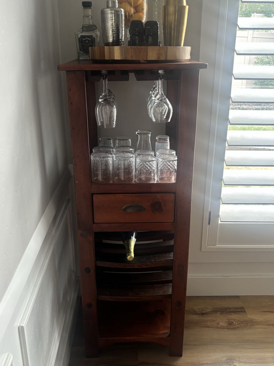 Wooden Wine Bar Cabinet with Glass Rack, Drawer & Bottle Storage, Dark Wood Finish