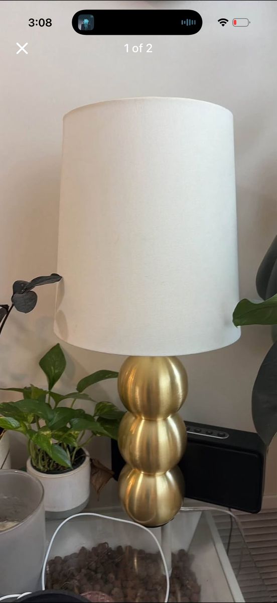 Modern Brushed Brass Stacked Sphere Table Lamp with White Drum Shade