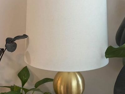 Modern Brushed Brass Stacked Sphere Table Lamp with White Drum Shade