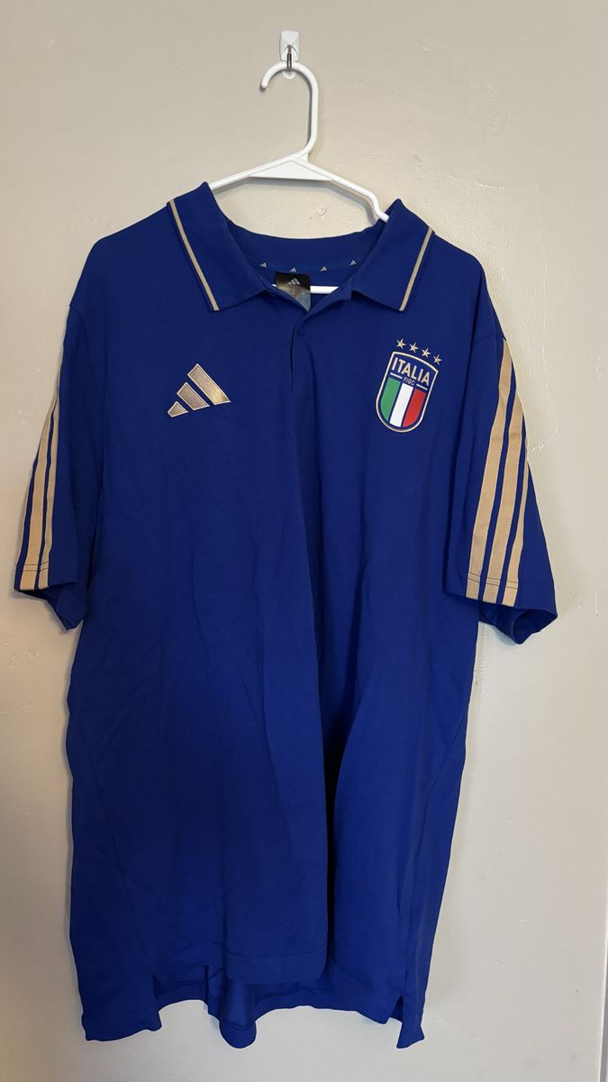 Adidas Italy FIGC Soccer Polo Shirt Blue Gold Short Sleeve
