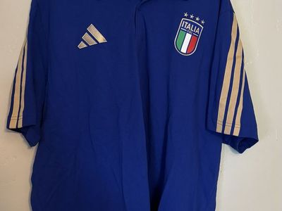 Adidas Italy FIGC Soccer Polo Shirt Blue Gold Short Sleeve