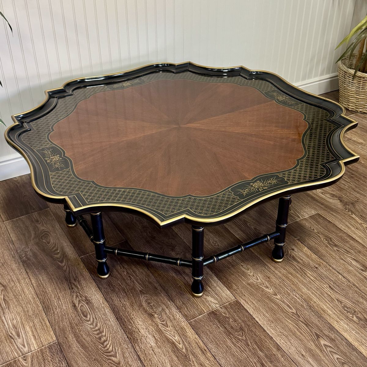 Vintage Hollywood Regency Black Lacquer Chinoiserie Coffee Table