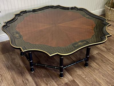 Vintage Hollywood Regency Black Lacquer Chinoiserie Coffee Table