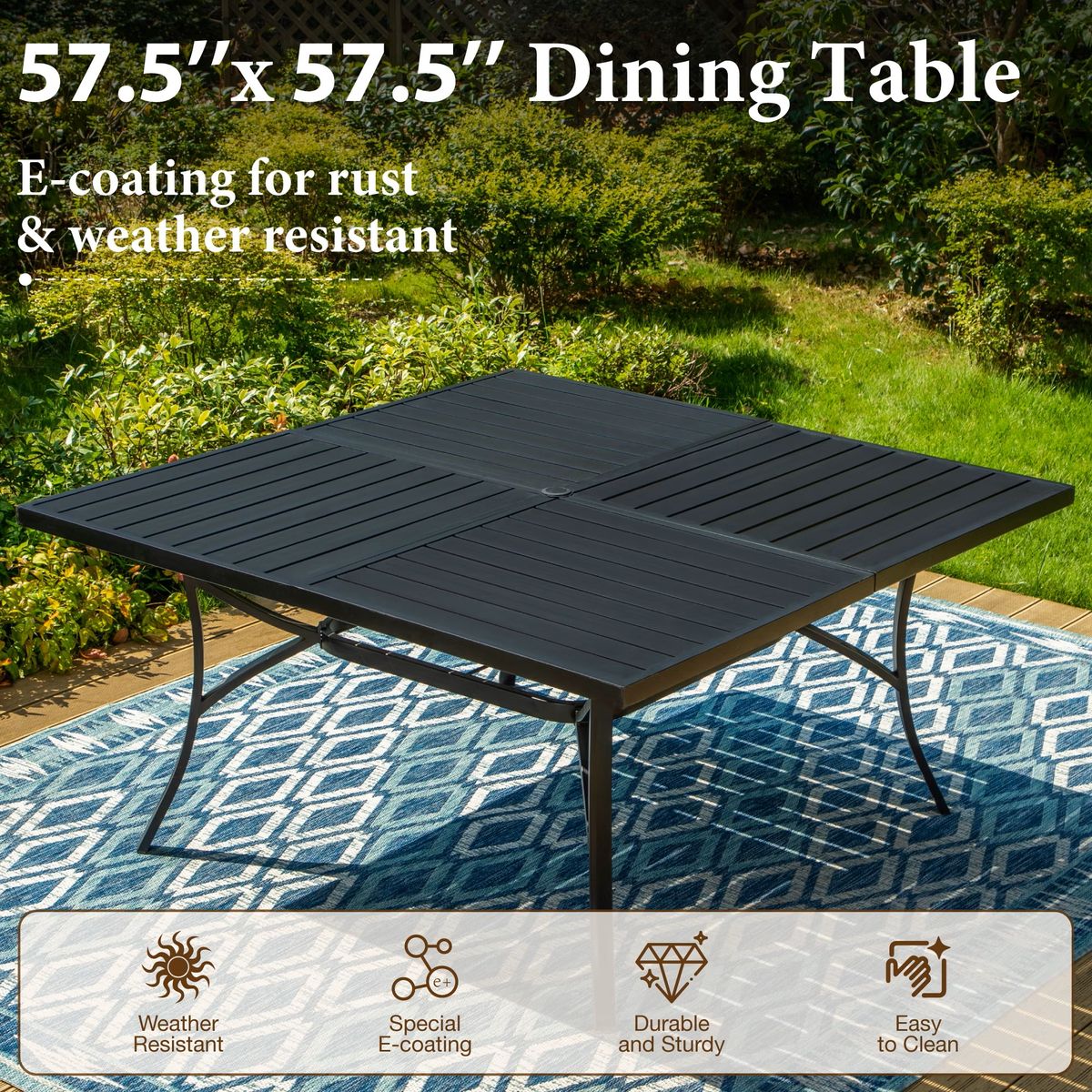 MF Studio Square Outdoor Patio Dining Table, Metal Patio Table with Umbrella Hole Seating for 8, Brand new in box