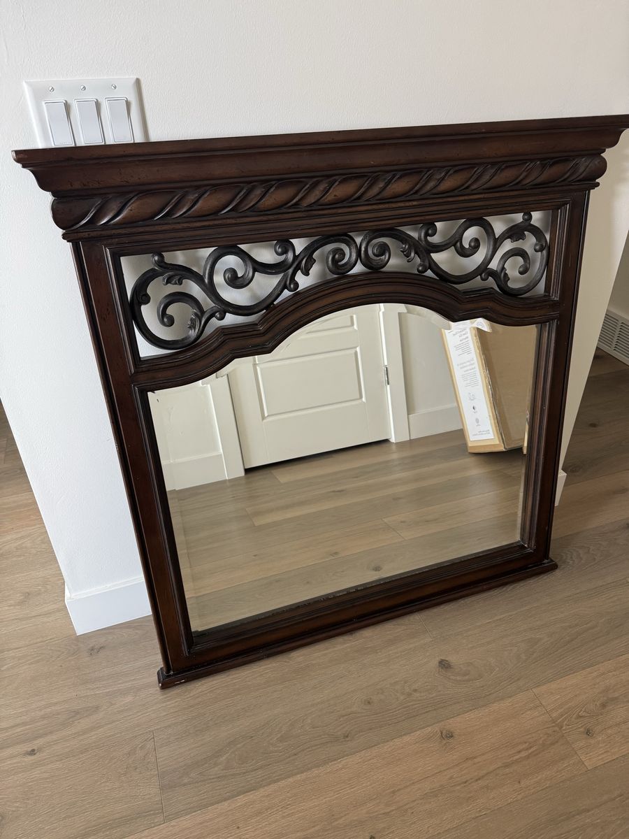 Ornate Dark Wood & Wrought Iron Wall Mirror - Traditional Scrollwork Design