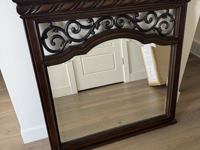Ornate Dark Wood & Wrought Iron Wall Mirror - Traditional Scrollwork Design