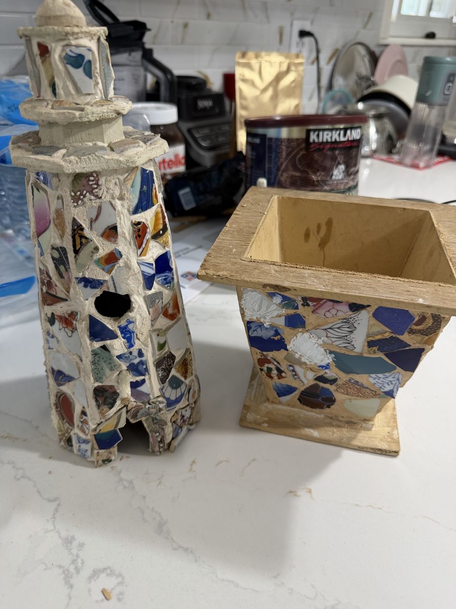 Handmade Mosaic Ceramic Shard Lighthouse and Planter Set