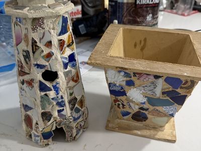 Handmade Mosaic Ceramic Shard Lighthouse and Planter Set