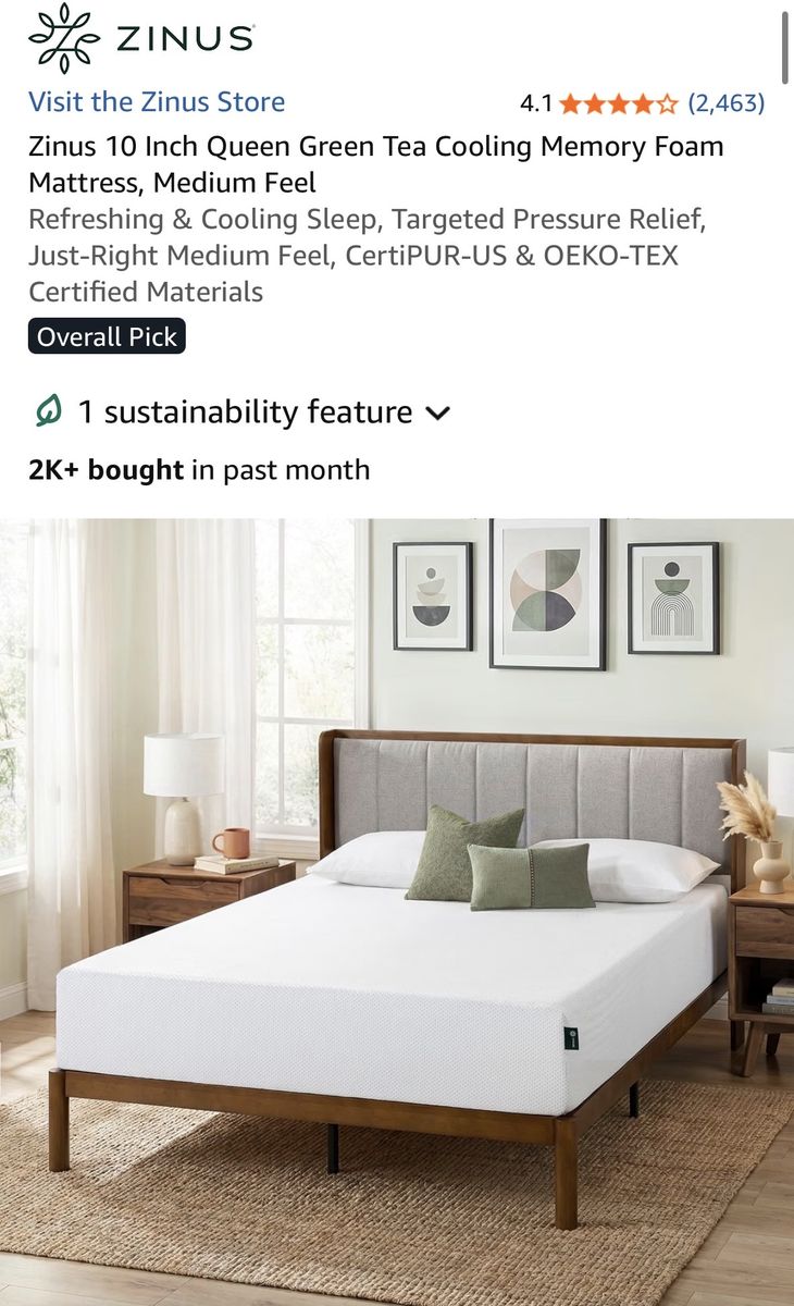 Zinus 10 Inch Queen Green Tea Cooling Memory Foam Mattress - Medium Feel
