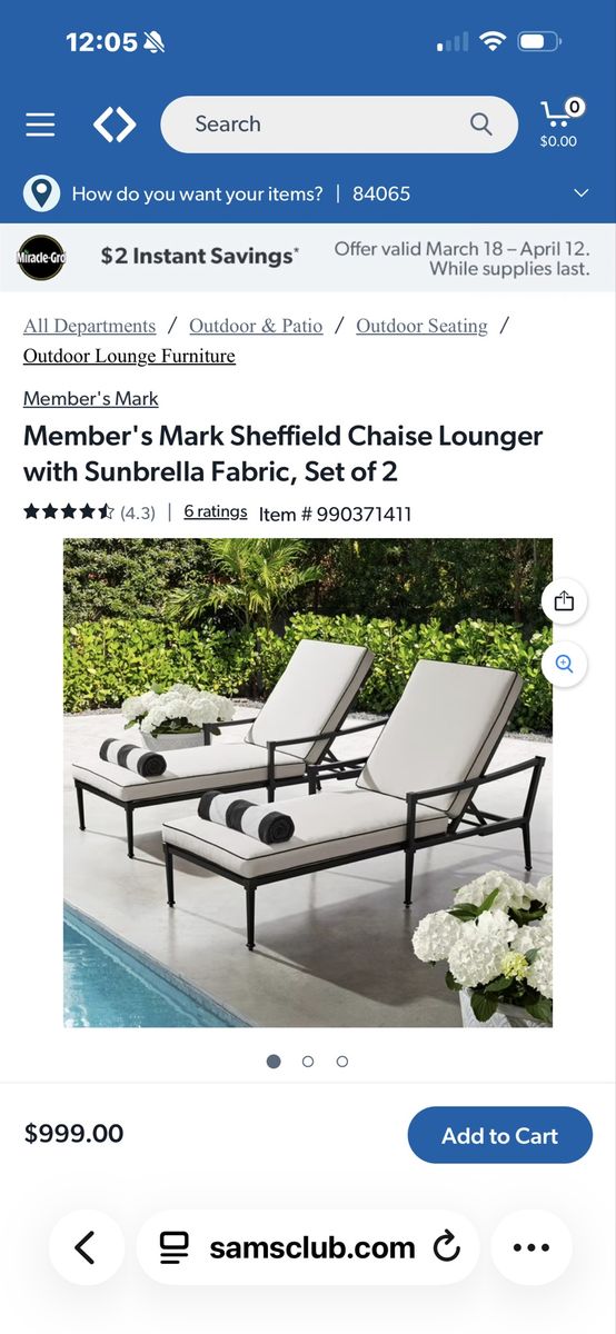 Member's Mark Sheffield Chaise Lounger with Sunbre