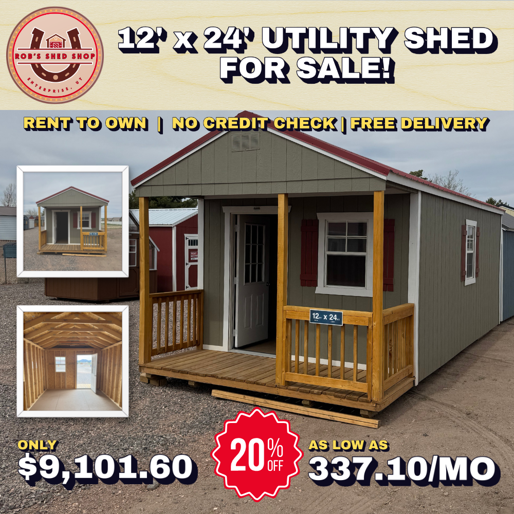 12x24 Utility Shed w/ Playhouse Porch – Cabin, Office, She Shed – Rent to Own + Free Delivery