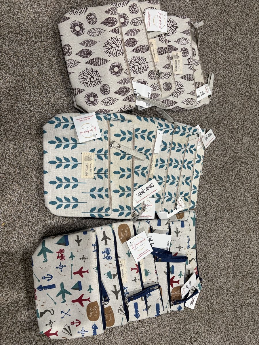 Wonderland Canvas Organizer Pouches - Travel, Leaf, & Floral Patterns - Handmade Set