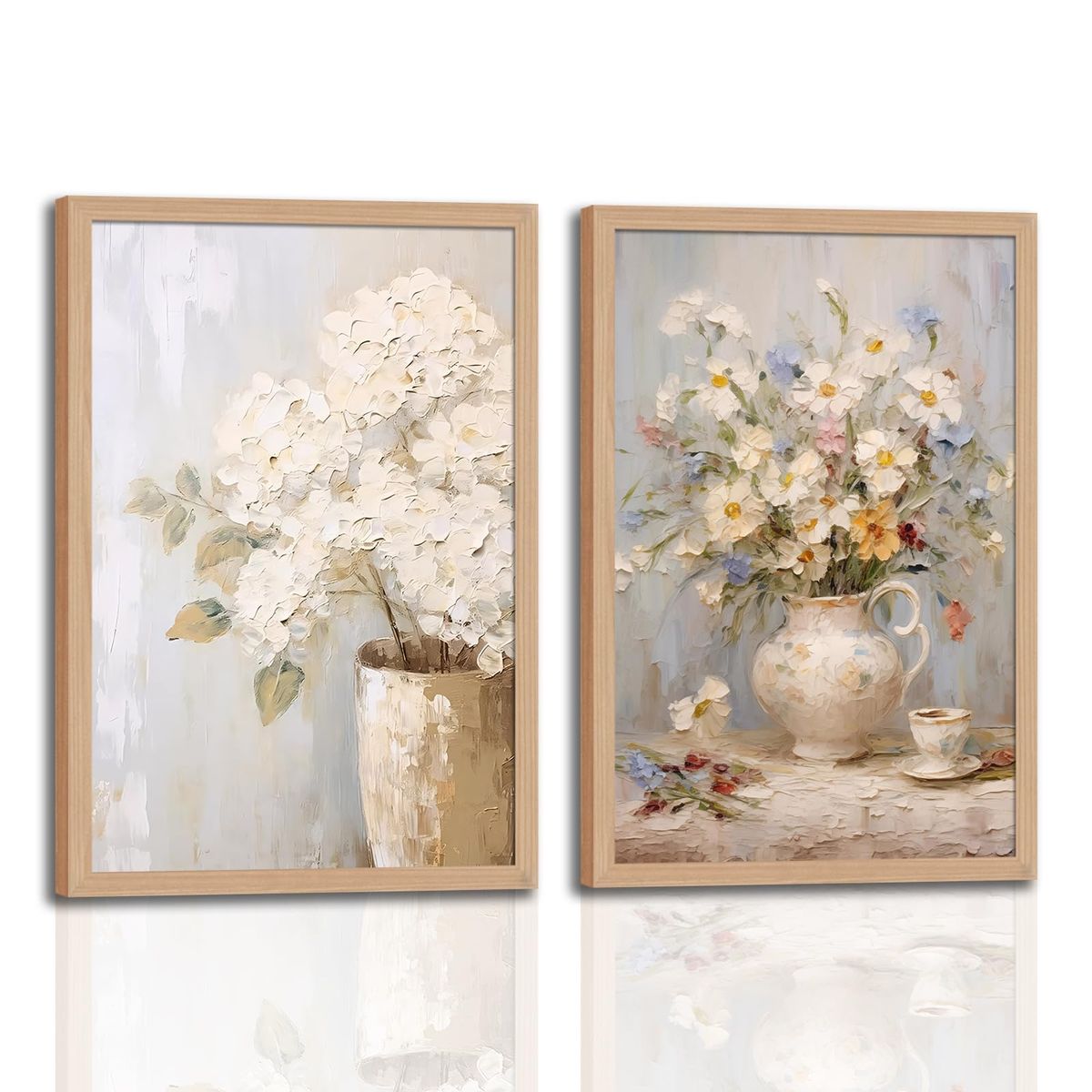 Brand New 2Pcs Framed Vintage Canvas Wall Art, White Hydrangea Floral daisy Wall Decor Paintings