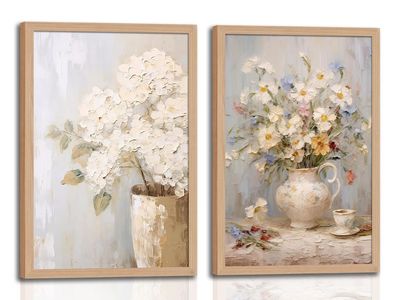 Brand New 2Pcs Framed Vintage Canvas Wall Art, White Hydrangea Floral daisy Wall Decor Paintings