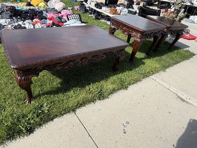 Ornately Carved Dark real mahogany, wood Coffee & End Table Set - Vintage Style, 3 Piece