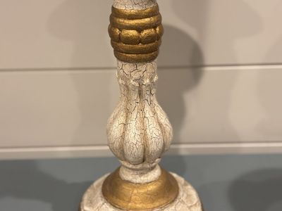Gold/Cream Wood Candlestick 12”. Located in Murray cash/Venmo. Fcfs or hold with Venmo