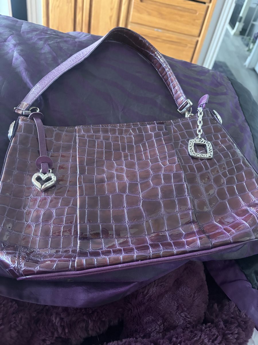 Brighton Plum Croc Embossed Patent Leather Shoulder Bag with Silver-Tone Hardware