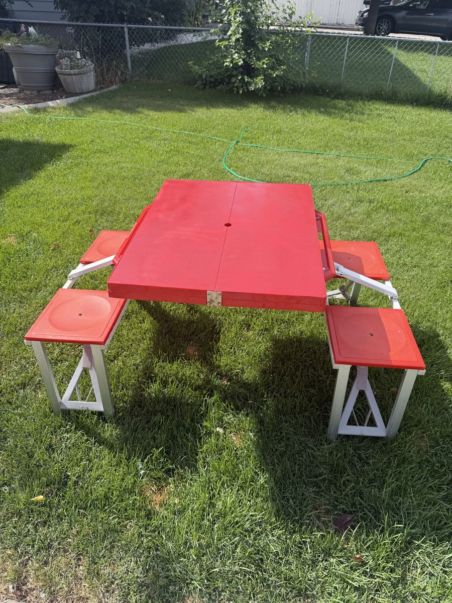Portable Folding Picnic Table with 4 Attached Seats Red and White