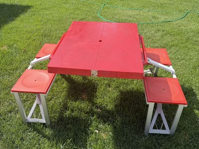 Portable Folding Picnic Table with 4 Attached Seats Red and White