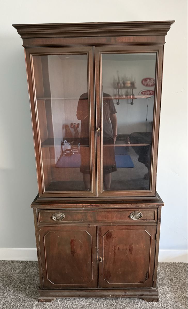 Vintage Dark Wood Display China Cabinet with Glass Doors & Bottom Storage