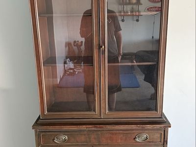 Vintage Dark Wood Display China Cabinet with Glass Doors & Bottom Storage