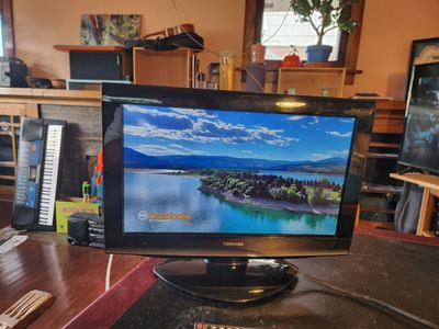 19 inch Toshiba tv and remote. Works great. Model 19C100U. Has all the modern connections, fairly thin.