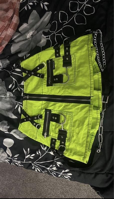 TRIP NYC Super D-Ring neon green mini skirt, size small.