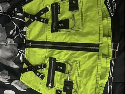 TRIP NYC Super D-Ring neon green mini skirt, size small.