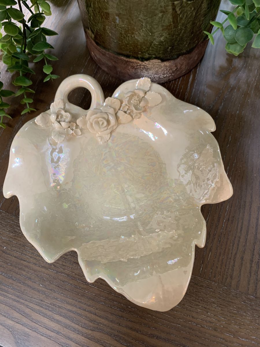 Leaf Shaped Ceramic Trinket Dish With Roses