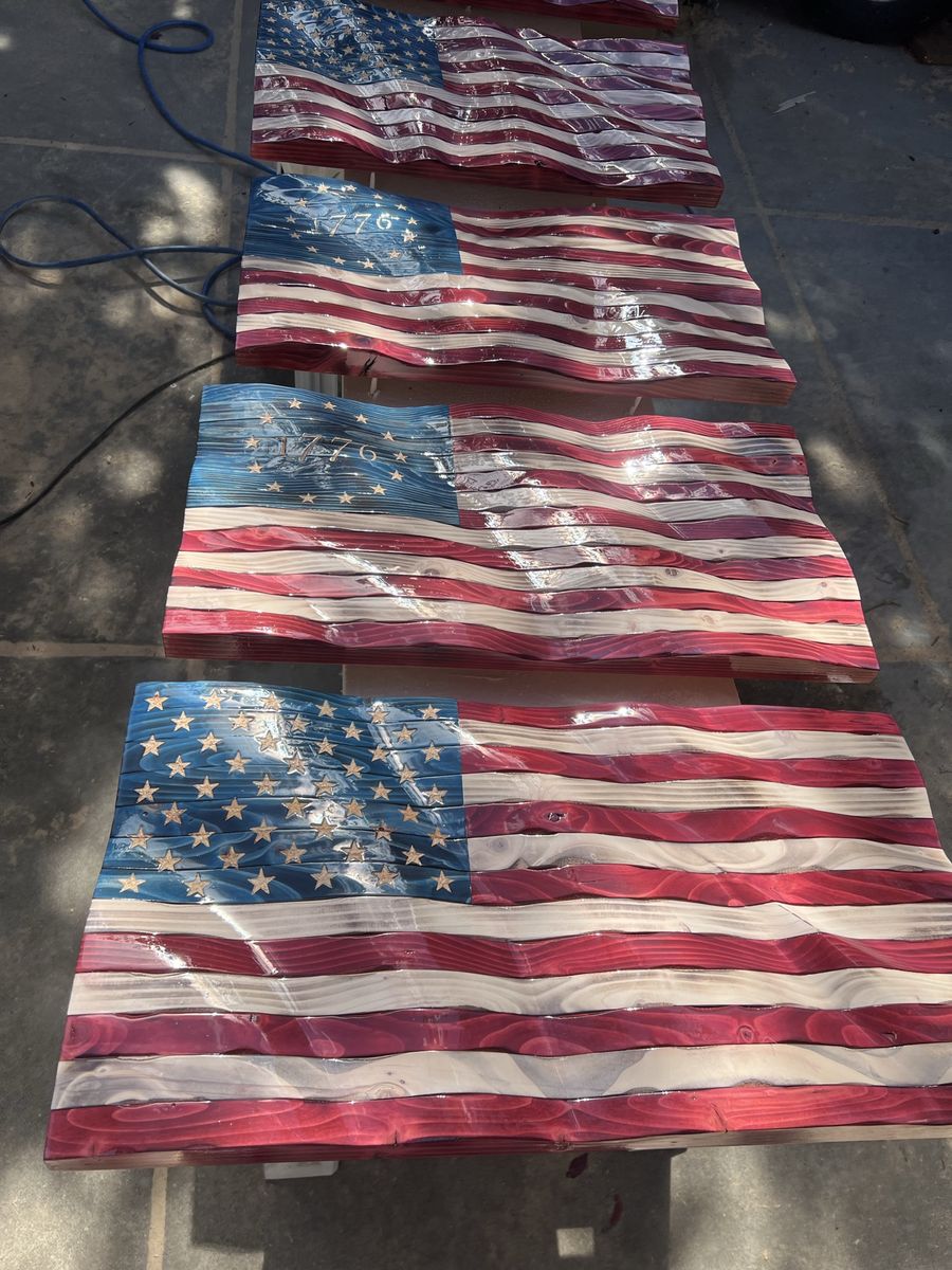 Hand carved wavy wood American flag