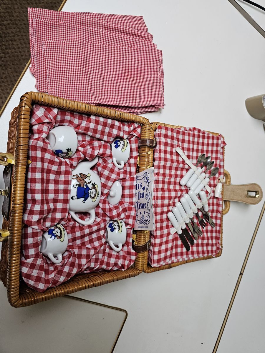 Boutique Children’s Porcelain Tea Set in Wicker Picnic Basket – Like New
