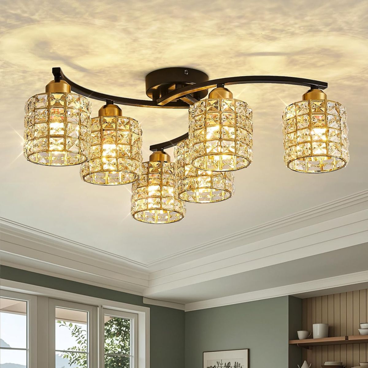 6 Light Black & Gold Crystal Semi-Flush Farmhouse Ceiling Light