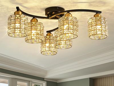 6 Light Black & Gold Crystal Semi-Flush Farmhouse Ceiling Light
