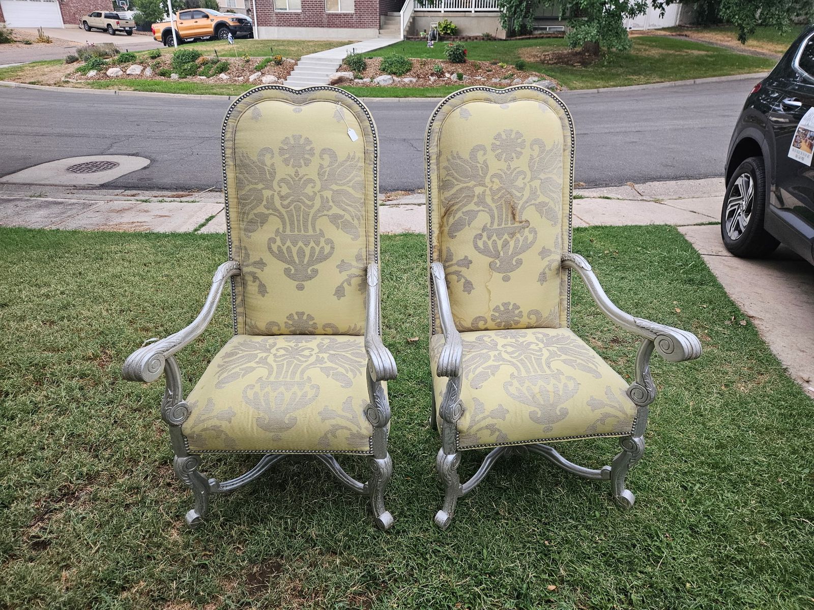 Pair of French Louis XV style High-Back Armchairs - Silver Finish 