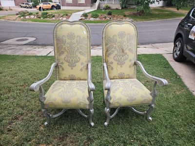 Pair of French Louis XV style High-Back Armchairs - Silver Finish