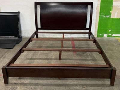 MINIMALIST DARK ESPRESSO CALIFORNIA KING SOLID WOOD BED FRAME WITH HEADBOARD, FOOTBOARD & SLATS - $75 obo