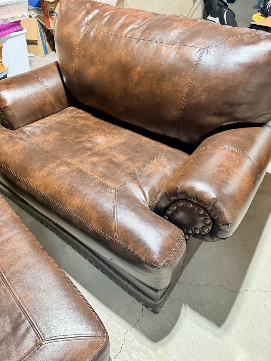 Large Brown Faux Leather Chair & Ottoman - 52" Chair, 45" Ottoman, Comfortable
