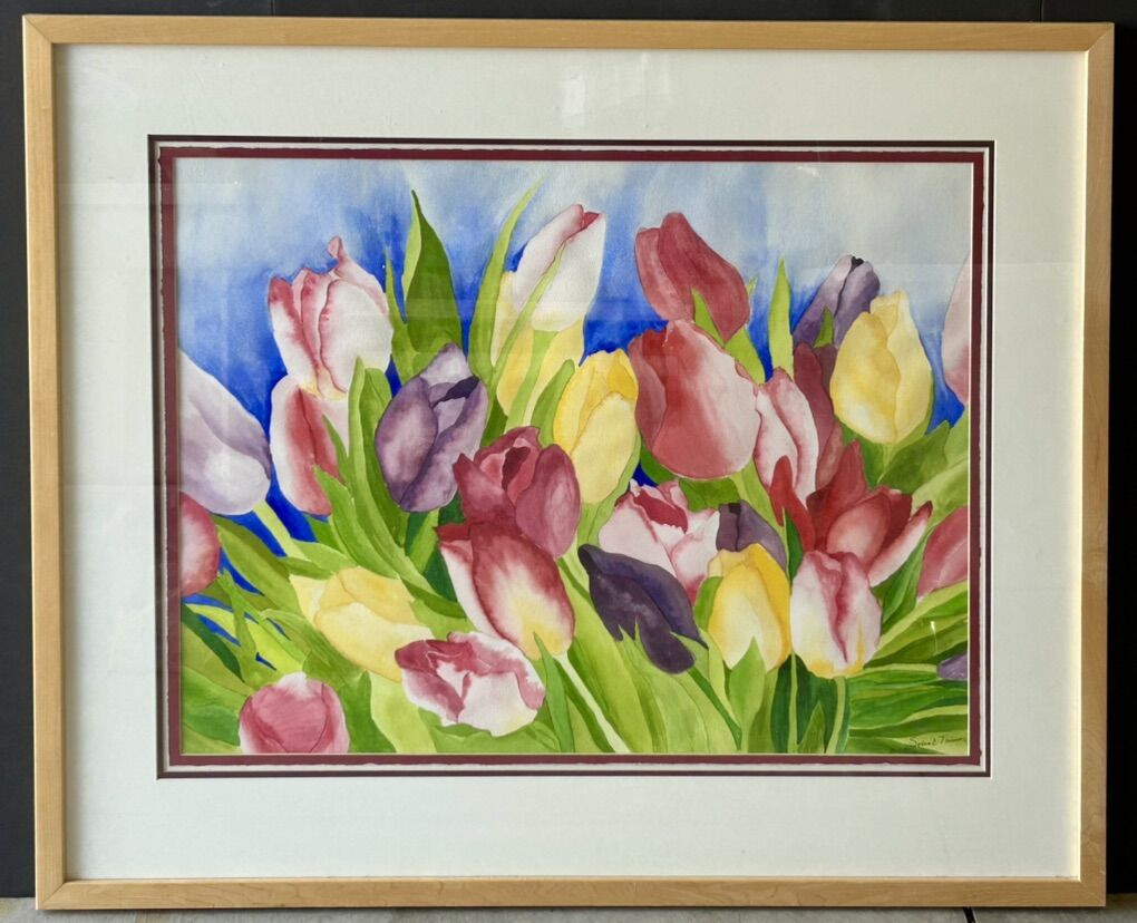 Original Art Watercolor Flowers Tulips Framed