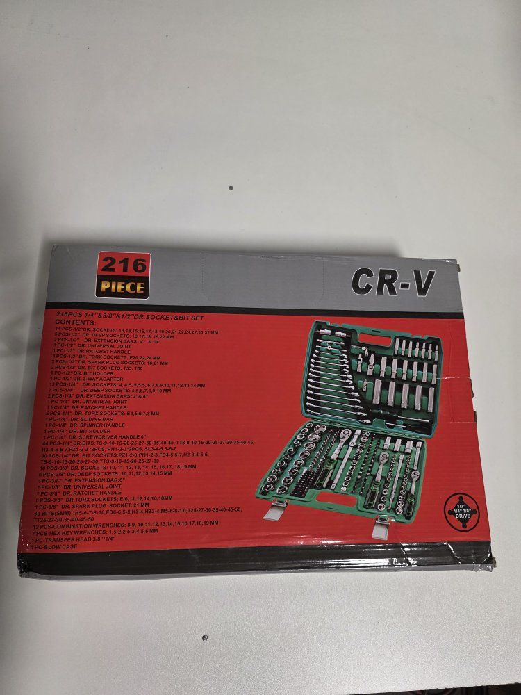 New CR-V 216-Piece 1/4", 3/8", 1/2" Drive Socket Bit Set with Carrying Case