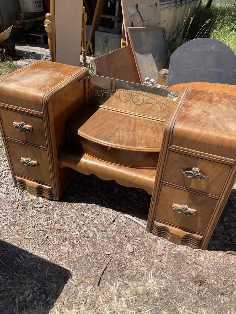 Vintage Art Deco Waterfall Vanity Desk with Drawers - Beautiful Wood Grain Furniture