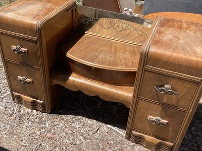 Vintage Art Deco Waterfall Vanity Desk with Drawers - Beautiful Wood Grain Furniture