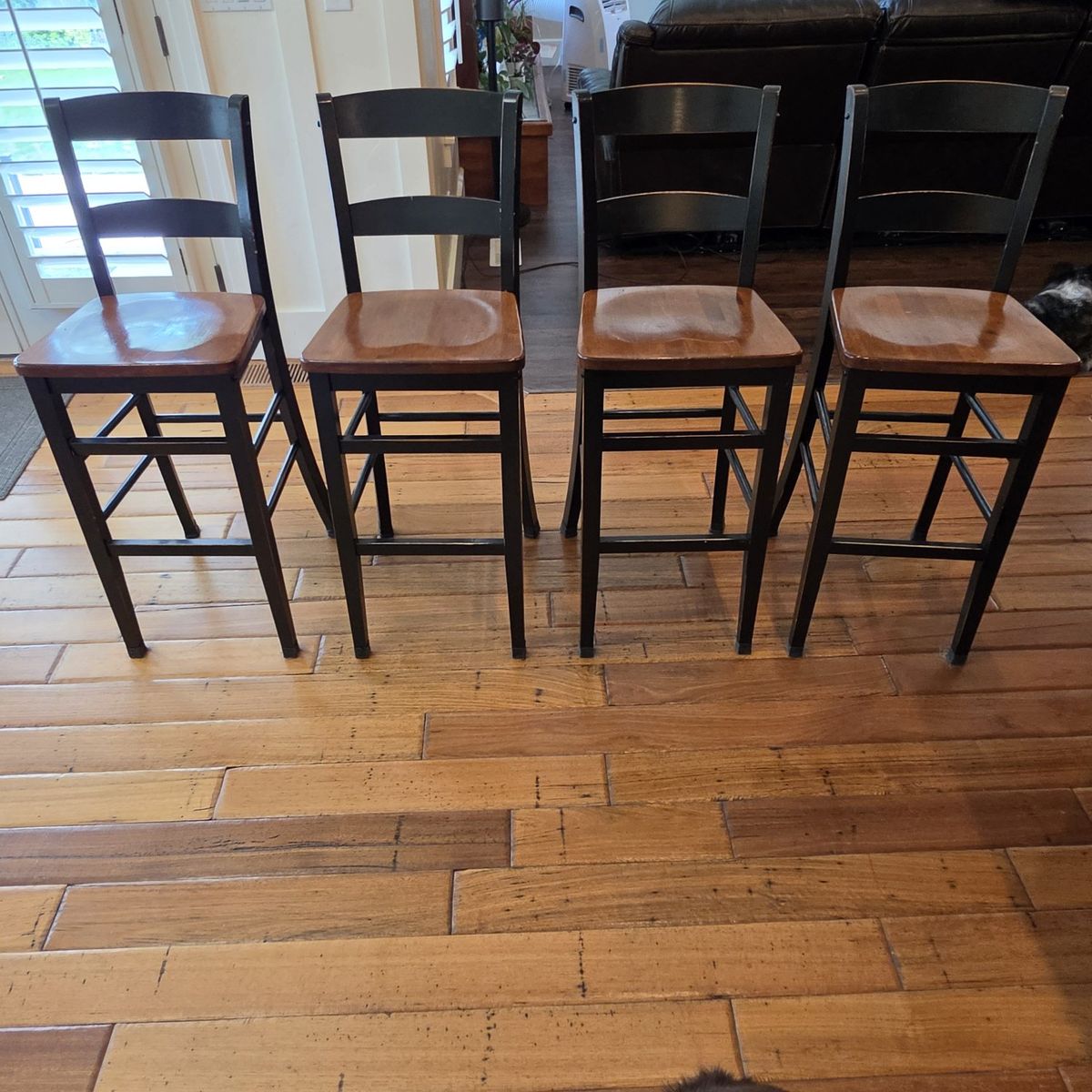 Set of 4 Wooden Bar Stools, Black Frame with Cherry Seats, Counter Height