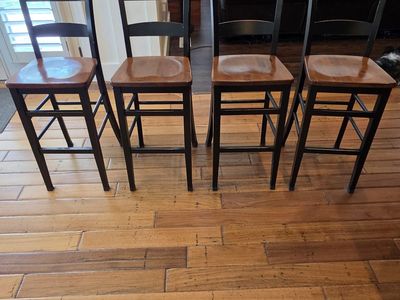 Set of 4 Wooden Bar Stools, Black Frame with Cherry Seats, Counter Height