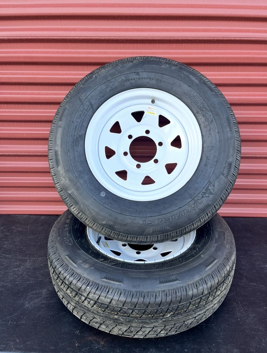 Set of Two Rainier ST 225/75 R 15 Trailer Tires Mounted on New White Spoke Wheels 6 Lug Pattern Brand New 220.00 for both