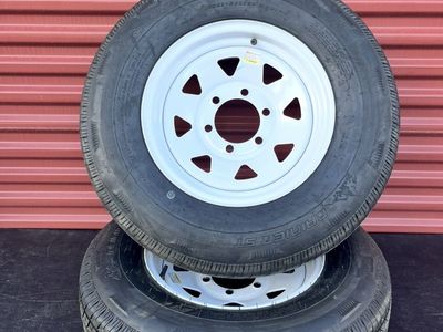 Set of Two Rainier ST 225/75 R 15 Trailer Tires Mounted on New White Spoke Wheels 6 Lug Pattern Brand New 220.00 for both