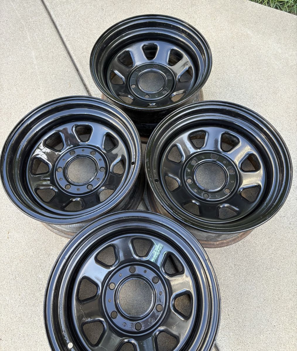 Chevy/GMC 16x8” 6 lug 8 spoke wheels.