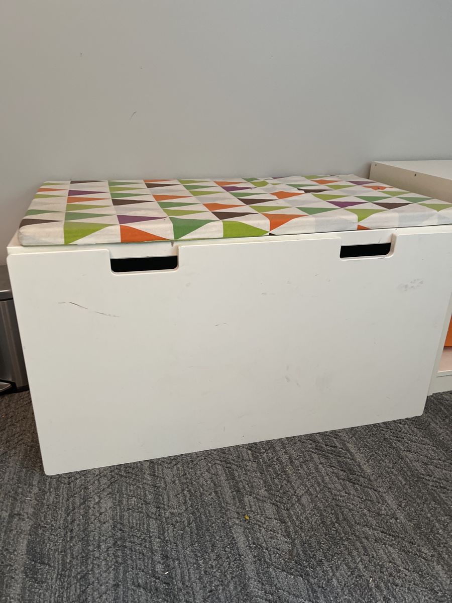 IKEA Smastad White Storage Bench with Colorful Geometric Cushion - Kids' Room or Entryway Organizer