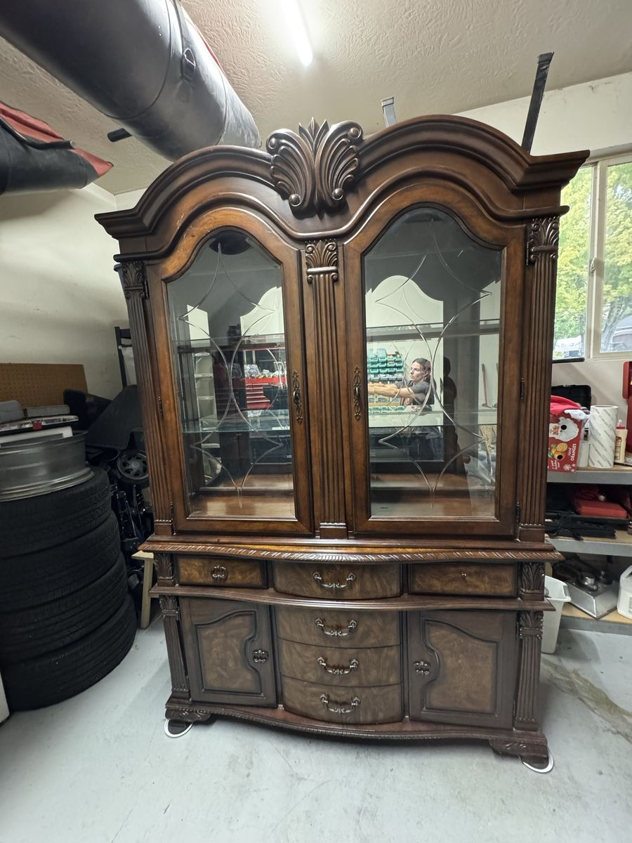 Elegant Traditional Wood and Glass Display China Cabinet with Drawers and Storage