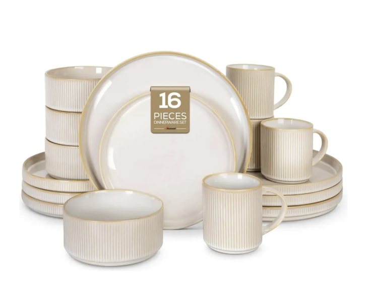 NEW Romswi Dinnerware Cappuccino White Set For 4, 16pcs Stoneware Plates And Bowl DWA-5001